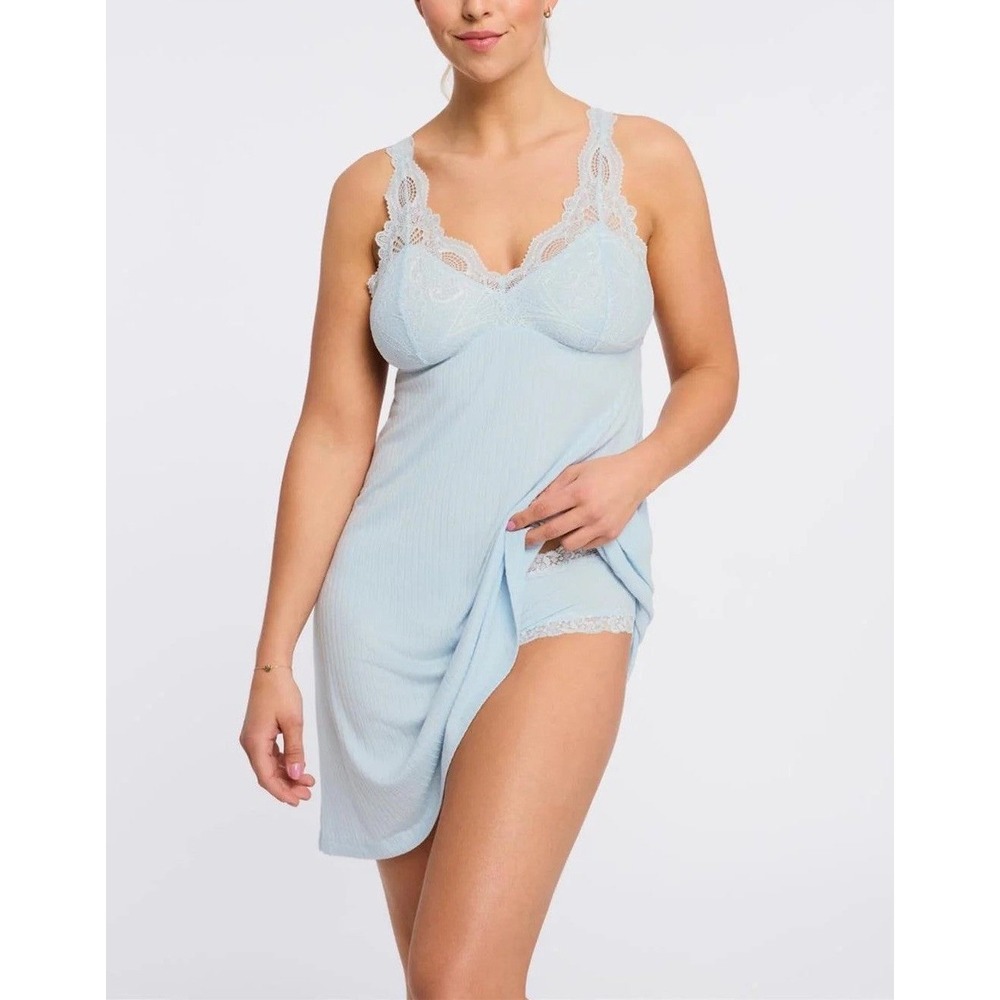Fleur't Chemise & High Waist Boyshort Lingerie Pajama Set Blue Size Large NWT